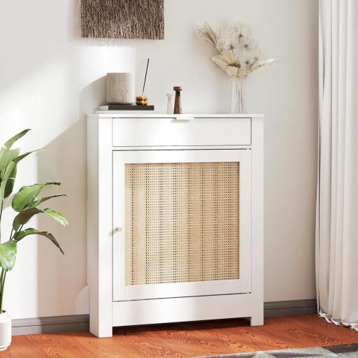 Cubre Radiadores con Puerta Abatible y Ratán Compartimento Diseño Bohemio para Salón Dormitorio Blanco [0]