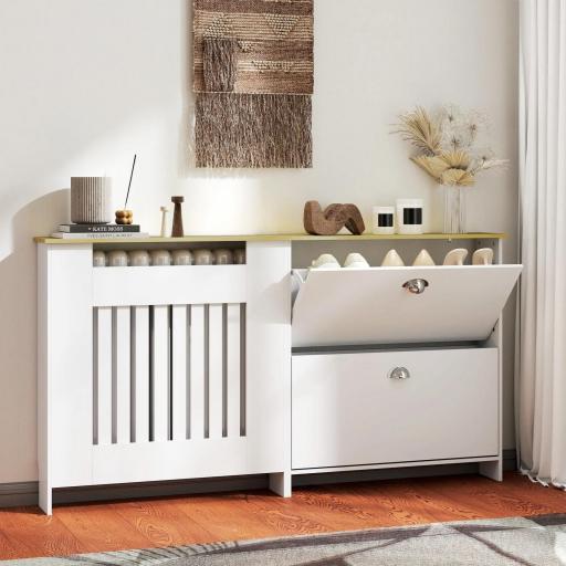 Cubre Radiadores con Zapatero Cubierta para Radiador con 2 Cajones Abatibles 152x19x81 cm Blanco