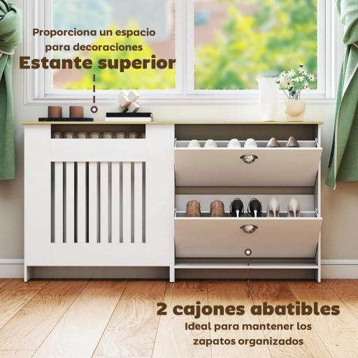 Cubre Radiadores con Zapatero Cubierta para Radiador con 2 Cajones Abatibles 152x19x81 cm Blanco [6]