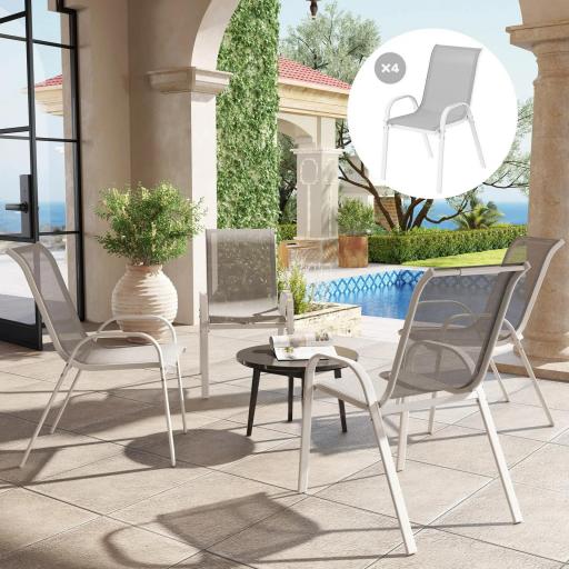 Set de 4 Sillas de Exterior Apilables con Asiento de Malla Respaldo Alto y Marco de Acero para Jardín o Terraza Gris