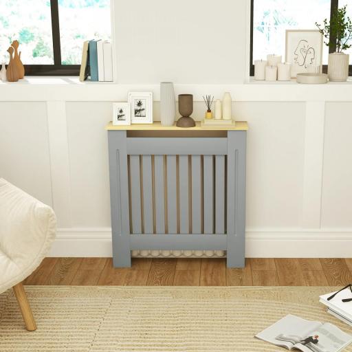 Cubreradiador de MDF Cubierta para Radiador para Salón Dormitorio Pasillo 78x19x83 cm Gris y Roble [6]