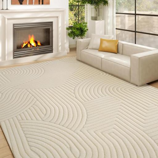 Alfombra Salón 160x120 cm Pelo Corto Estilo Moderno Base Antideslizante Tejida a Máquina Crema