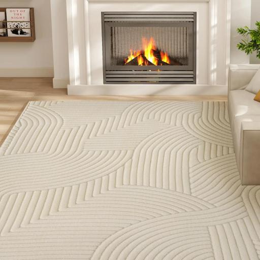 Alfombra Salón 160x120 cm Pelo Corto Estilo Moderno Base Antideslizante Tejida a Máquina Crema [5]