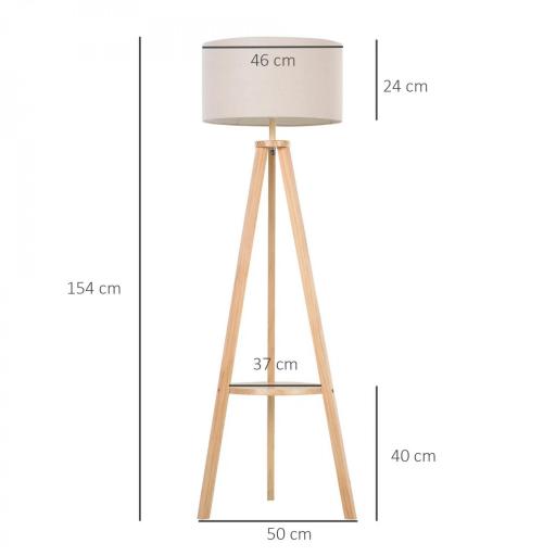 Lámpara de Pie Tipo Trípode con Estructura de Madera Natural y Pantalla de Tela Beige con Estante Integrado 50x50x154 cm [2]