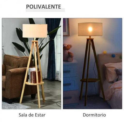 Lámpara de Pie Tipo Trípode con Estructura de Madera Natural y Pantalla de Tela Beige con Estante Integrado 50x50x154 cm [4]