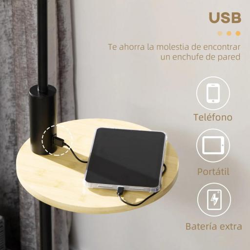 Lámpara de Pie con Mesita Auxiliar y Pantalla de Lino Interruptor de Cadena y Cargador USB Ø40x170 cm Natural [2]