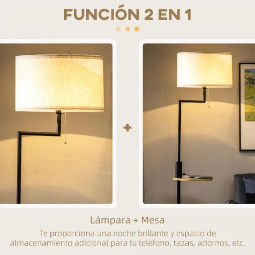 Lámpara de Pie con Mesita Auxiliar y Pantalla de Lino Interruptor de Cadena y Cargador USB Ø40x170 cm Natural [3]
