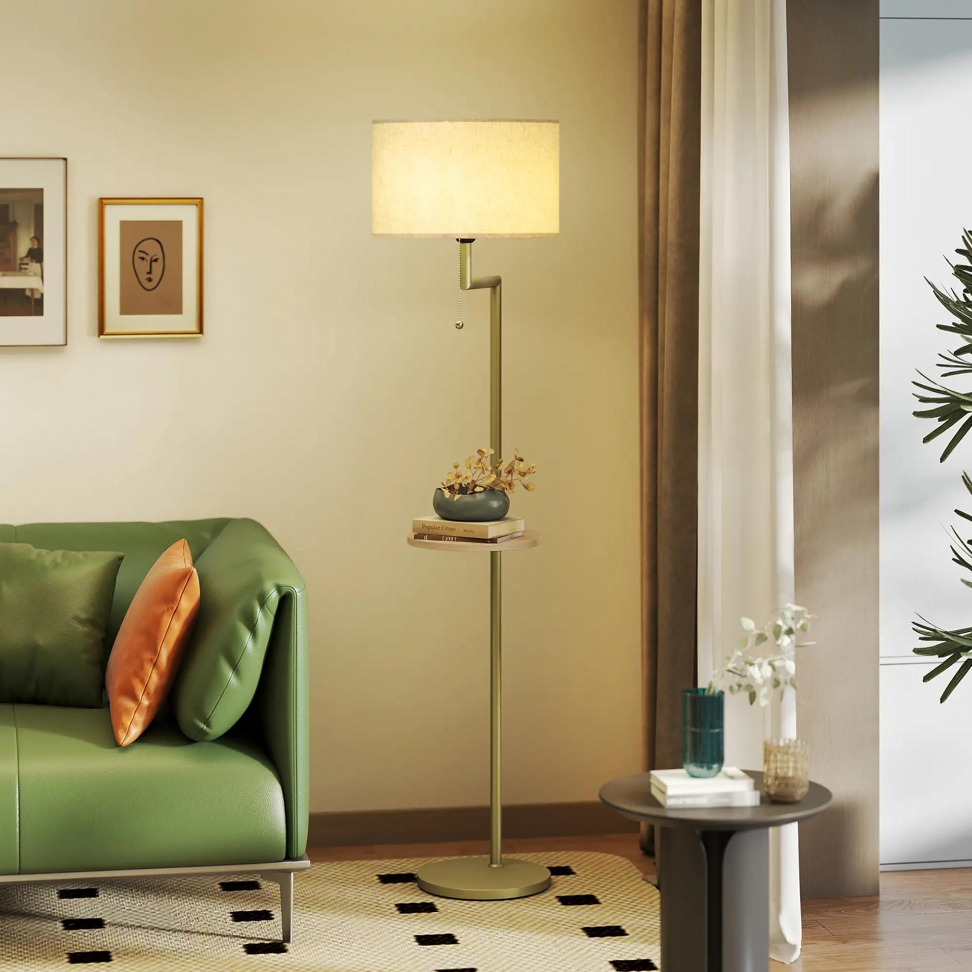 Lámpara de Pie Moderna con Estante Pantalla de Lino Interruptor de Cadena y Puerto USB Ø40x170 cm para Salón Dorado