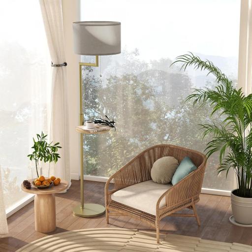 Lámpara de Pie Moderna con Estante Pantalla de Lino Interruptor de Cadena y Puerto USB Ø40x170 cm para Salón Dorado  [6]