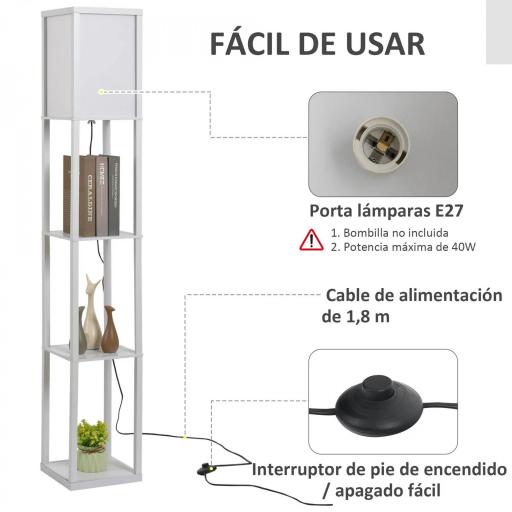 Lámpara de Pie con Estantes de Almacenaje, Lámpara de Madera Moderna, Bombilla E27, para Salón, Dormitorio, Oficina, Blanco [3]