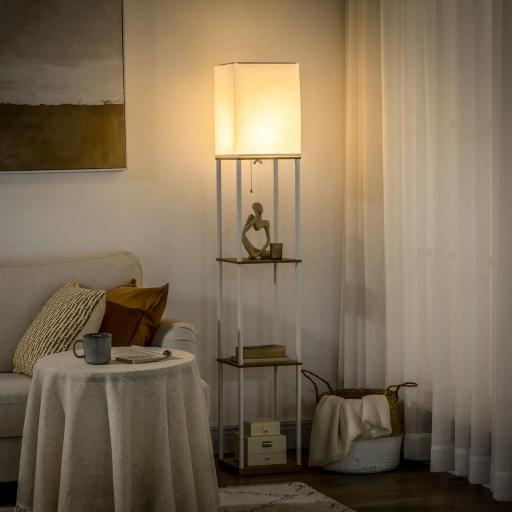 Lámpara de Pie Moderna con 3 Estantes para Salón Casquillo E27 Max. 40W con Pantalla de Tela 26x26x159 cm Blanco