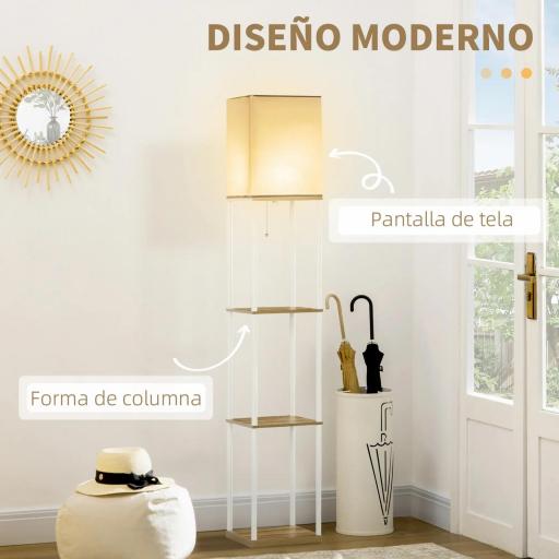 Lámpara de Pie Moderna con 3 Estantes para Salón Casquillo E27 Max. 40W con Pantalla de Tela 26x26x159 cm Blanco [2]