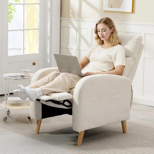 Sillón Relax Reclinable Tapizado en Lino Sintético con Reposapiés y Bolsillos Laterales Carga 135 kg Crema