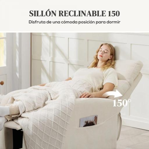 Sillón Relax Reclinable Tapizado en Lino Sintético con Reposapiés y Bolsillos Laterales Carga 135 kg Crema [5]