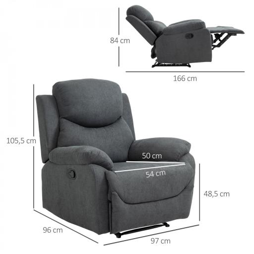 Sillón Reclinable Manualmente 150 Grados con Reposabrazos y Reposapiés Acolchado Grueso de Esponja Soporta hasta 150 kg 97x96x105,5 cm Gris [1]