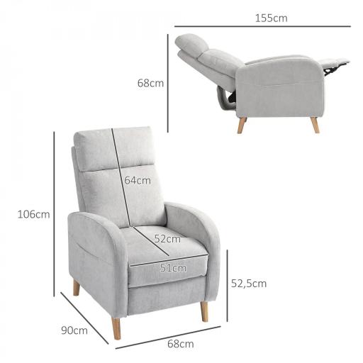 Sillón Relax Reclinable Tapizado en Lino Sintético con Reposapiés y Bolsillo Lateral Carga 135 kg Gris Claro [1]
