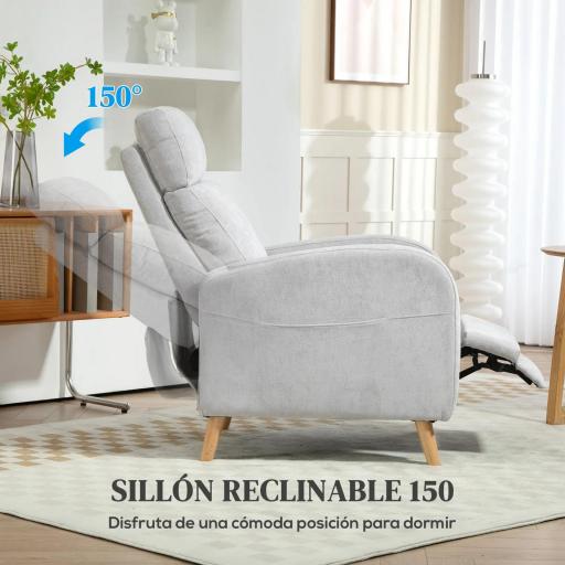 Sillón Relax Reclinable Tapizado en Lino Sintético con Reposapiés y Bolsillo Lateral Carga 135 kg Gris Claro [4]