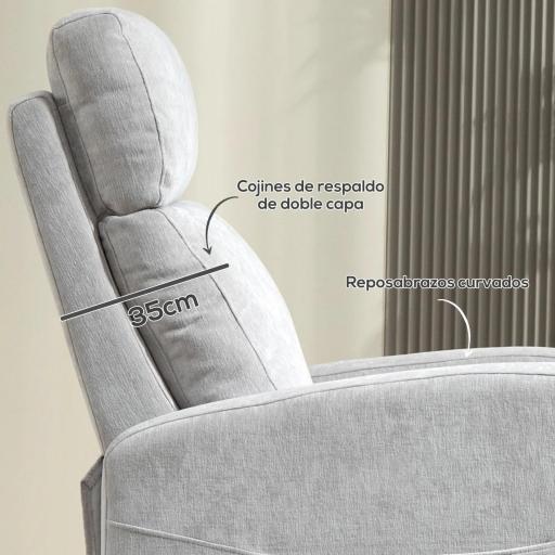 Sillón Relax Reclinable Tapizado en Lino Sintético con Reposapiés y Bolsillo Lateral Carga 135 kg Gris Claro [5]