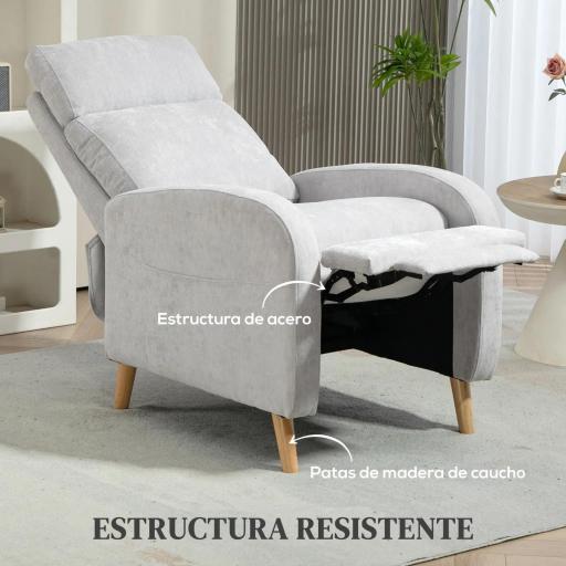 Sillón Relax Reclinable Tapizado en Lino Sintético con Reposapiés y Bolsillo Lateral Carga 135 kg Gris Claro [3]