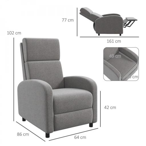 Sillón Relax Reclinable hasta 160° Sofá Reclinable Moderno con Reposapiés Soporta hasta 120 kg 64x86x102 cm Gris [4]