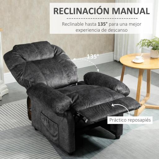Sillón Relax Reclinable Manual Sillón Relax de Terciopelo con Reposabrazos Reposapiés Acolchado Grueso Negro [2]
