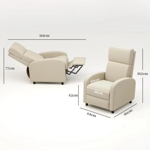 Sillón Relax Reclinable hasta 160° Sofá Reclinable Moderno con Reposapiés Soporta hasta 120 kg 64x86x102 cm Crema [1]
