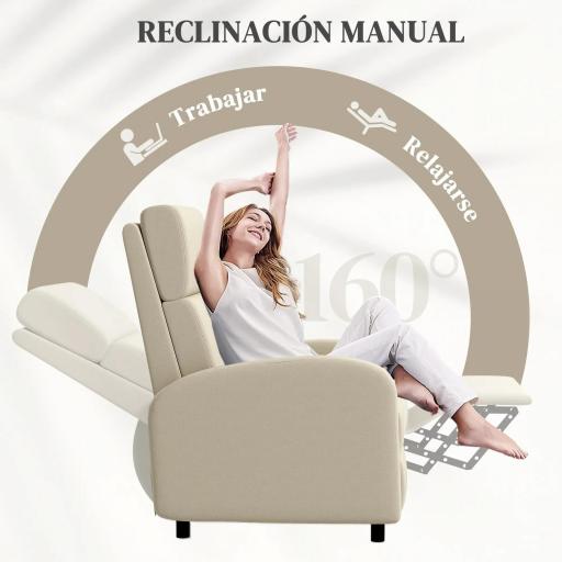 Sillón Relax Reclinable hasta 160° Sofá Reclinable Moderno con Reposapiés Soporta hasta 120 kg 64x86x102 cm Crema [3]
