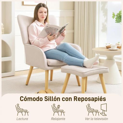 Sillón con Reposapiés Sillón Lectura con Respaldo Alto Capitoné Patas de Madera y Tapizado en Lino Beige [2]