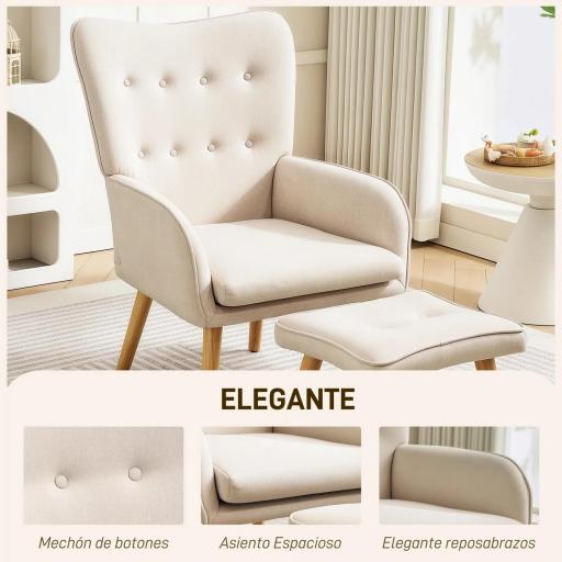 Sillón con Reposapiés Sillón Lectura con Respaldo Alto Capitoné Patas de Madera y Tapizado en Lino Beige [3]