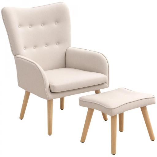 Sillón con Reposapiés Sillón Lectura con Respaldo Alto Capitoné Patas de Madera y Tapizado en Lino Beige [9]