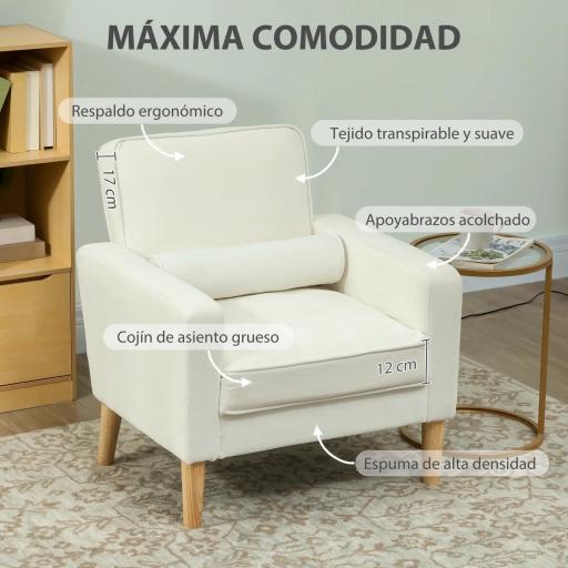 Butaca de Salón Tapizado en Terciopelo Sillón de Lectura con Asiento con Botones y Patas de Madera para Dormitorio Crema [4]