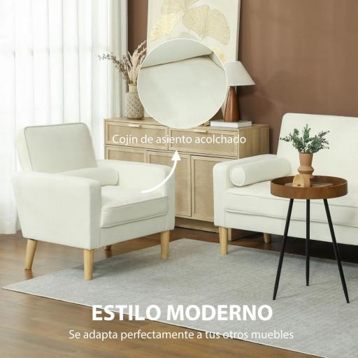 Butaca de Salón Tapizado en Terciopelo Sillón de Lectura con Asiento con Botones y Patas de Madera para Dormitorio Crema [6]