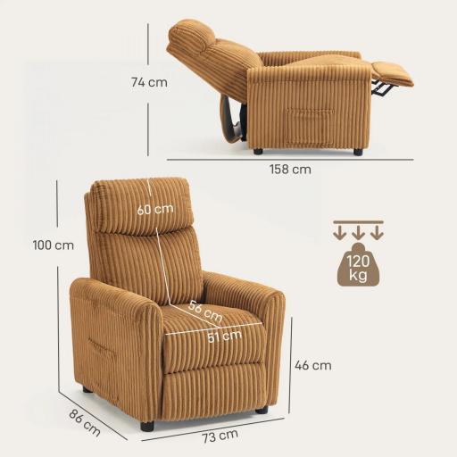 Sillón Relax Reclinable Manual Tapizado en Pana Instalación Rápida Reposapiés Acolchado Grueso Marrón [1]