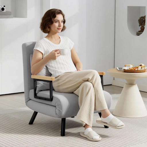 Sofá Cama Individual Plegable Sofá Cama Convertible 4 en 1 Respaldo Ajustable de 5 Niveles y Almohada 63x73x81 cm Gris