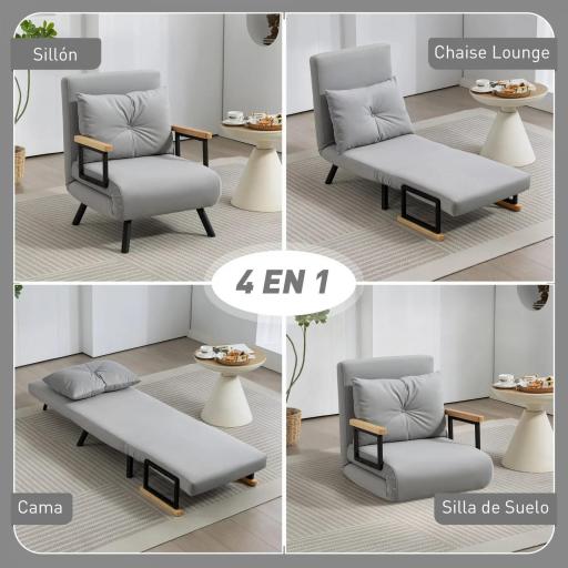 Sofá Cama Individual Plegable Sofá Cama Convertible 4 en 1 Respaldo Ajustable de 5 Niveles y Almohada 63x73x81 cm Gris [3]