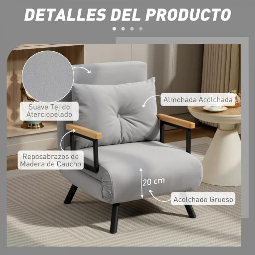 Sofá Cama Individual Plegable Sofá Cama Convertible 4 en 1 Respaldo Ajustable de 5 Niveles y Almohada 63x73x81 cm Gris [2]