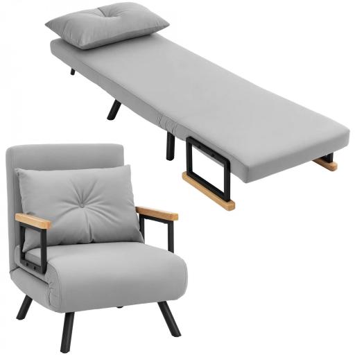 Sofá Cama Individual Plegable Sofá Cama Convertible 4 en 1 Respaldo Ajustable de 5 Niveles y Almohada 63x73x81 cm Gris [8]
