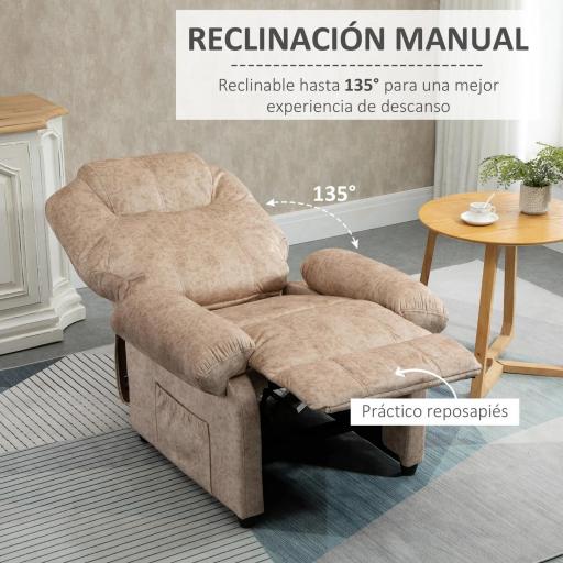 Relax Reclinable Manual, Sillón Relax de Terciopelo con Reposabrazos, Reposapiés, Acolchado Grueso, Butaca Reclinable hasta 135º para Salón, Dormitorio, Oficina, Beige [4]