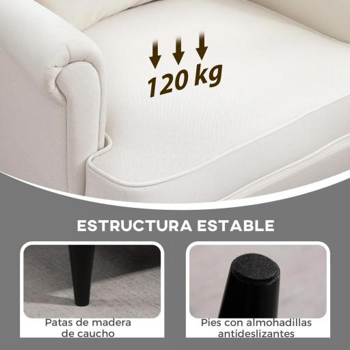 Sillón con Reposapiés Respaldo Alto Capitoné Patas de Madera Almohada Acolchada y Tapizado en Lino Beige [4]