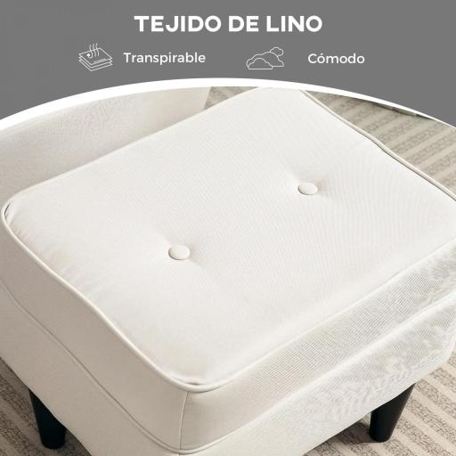 Sillón con Reposapiés Respaldo Alto Capitoné Patas de Madera Almohada Acolchada y Tapizado en Lino Beige [5]
