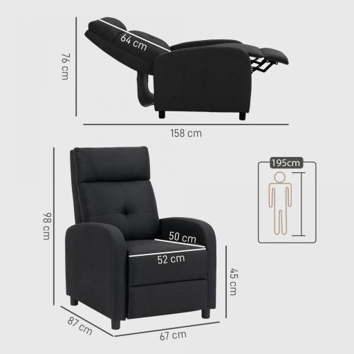 Sillón Relax Reclinable Manual hasta 155º Apertura Push con Reposapiés Respaldo Alto Acolchado Grueso Negro [1]