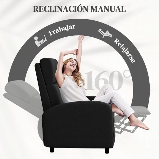 Sillón Relax Reclinable hasta 160° Sofá Reclinable Moderno con Reposapiés Soporta hasta 120 kg 64x86x102 cm Negro [2]