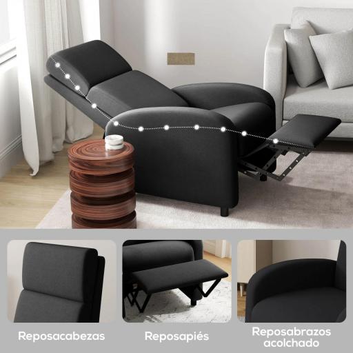 Sillón Relax Reclinable hasta 160° Sofá Reclinable Moderno con Reposapiés Soporta hasta 120 kg 64x86x102 cm Negro [5]