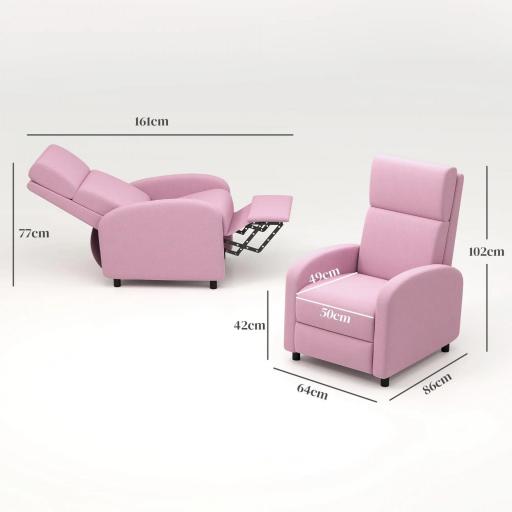 Sillón Relax Reclinable hasta 160° Sofá Reclinable Moderno con Reposapiés Soporta hasta 120 kg 64x86x102 cm Rosa [1]