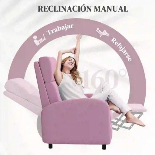 Sillón Relax Reclinable hasta 160° Sofá Reclinable Moderno con Reposapiés Soporta hasta 120 kg 64x86x102 cm Rosa [2]