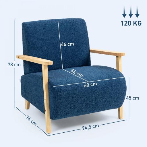 Sillón Nórdico de Borreguito Acolchado Grueso y Patas de Madera Asiento Amplio para Salón Dormitorio 74,5x76x78 cm Azul [1]