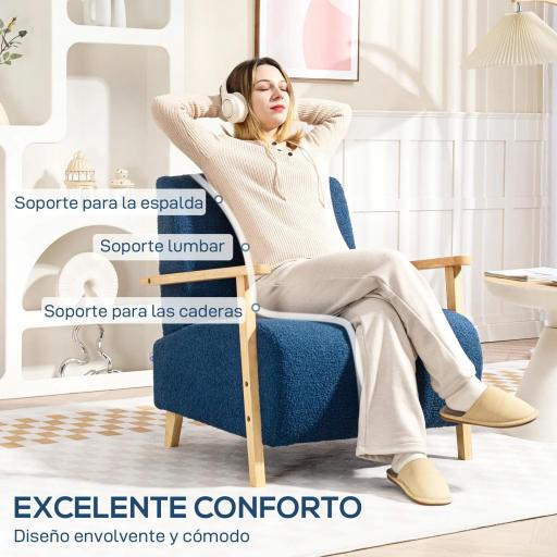 Sillón Nórdico de Borreguito Acolchado Grueso y Patas de Madera Asiento Amplio para Salón Dormitorio 74,5x76x78 cm Azul [2]