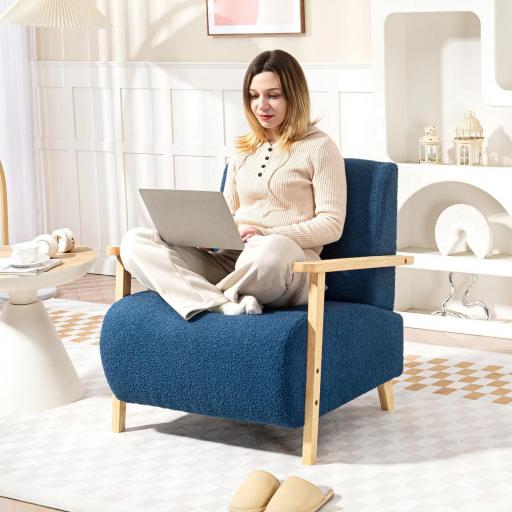 Sillón Nórdico de Borreguito Acolchado Grueso y Patas de Madera Asiento Amplio para Salón Dormitorio 74,5x76x78 cm Azul [6]