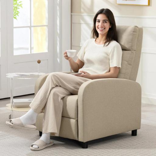 Sillón Relax Reclinable Manual hasta 155º Apertura Push con Reposapiés Respaldo Alto Acolchado Grueso Beige
