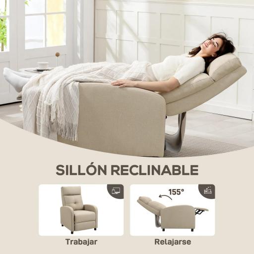 Sillón Relax Reclinable Manual hasta 155º Apertura Push con Reposapiés Respaldo Alto Acolchado Grueso Beige [2]